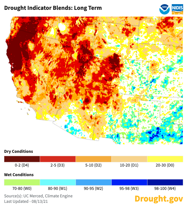 Long-term drought indicator blend from UC Merced and Climate Engine. These data combine PDSI, Z-Index, and 6-month, 1-year, 2-year, and 5-year SPI to estimate the overall long-term drought. Extreme to exceptional drought persists across the western United States.