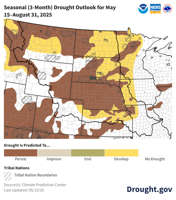 NOAA’s Climate Prediction Center predicts that drought will persist and potentially develop for North Dakota, South Dakota, and Nebraska. Drought will persist in Montana and Wyoming