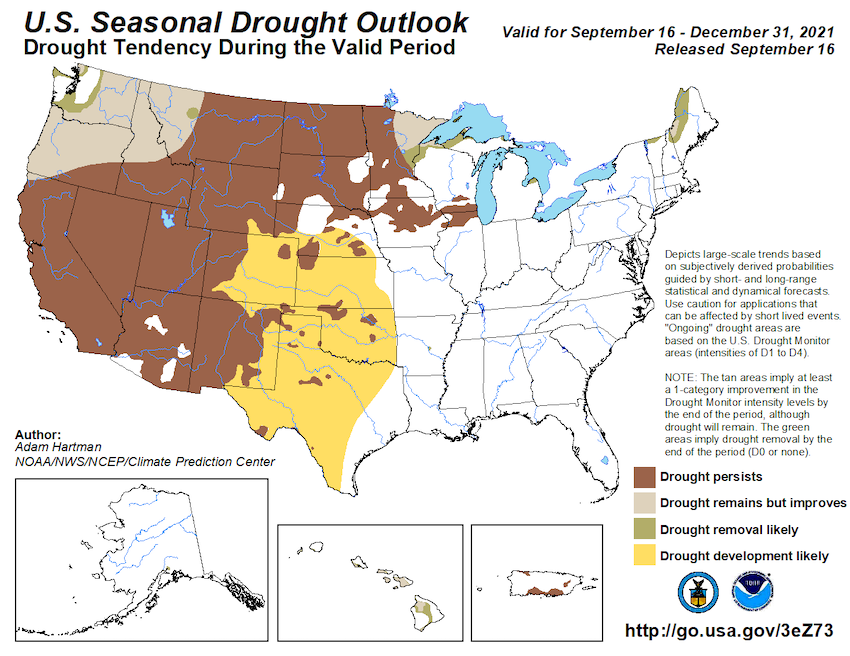 U.S. Seasonal Drought Outlook for September 16 to December 31, 2021, showing the likelihood that drought will improve, worsen, develop, or remain the same. Drought is expected to persist throughout most of California and Nevada.