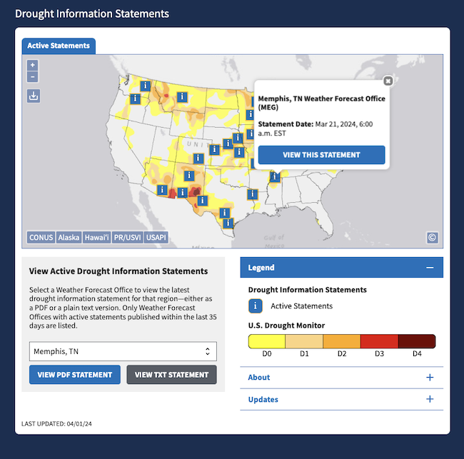 Interactive map on drought.gov showing all active drought information statements. 