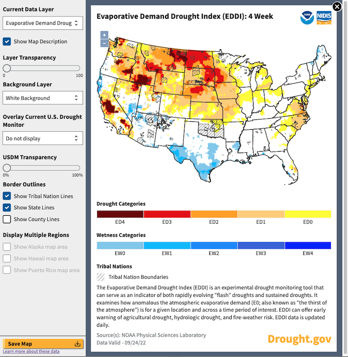 The map customization tool on Drought.gov allows users to zoom in and out, adjust layer transparency and basemaps, and display reservation, state, and county lines.