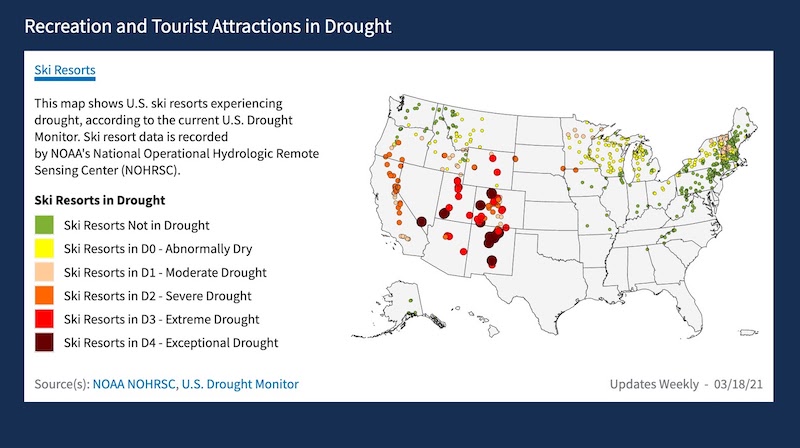U.S. ski resorts experiencing drought, according to the March 18, 2021 U.S. Drought Monitor. 437 ski resorts are in drought areas, mostly in the West.