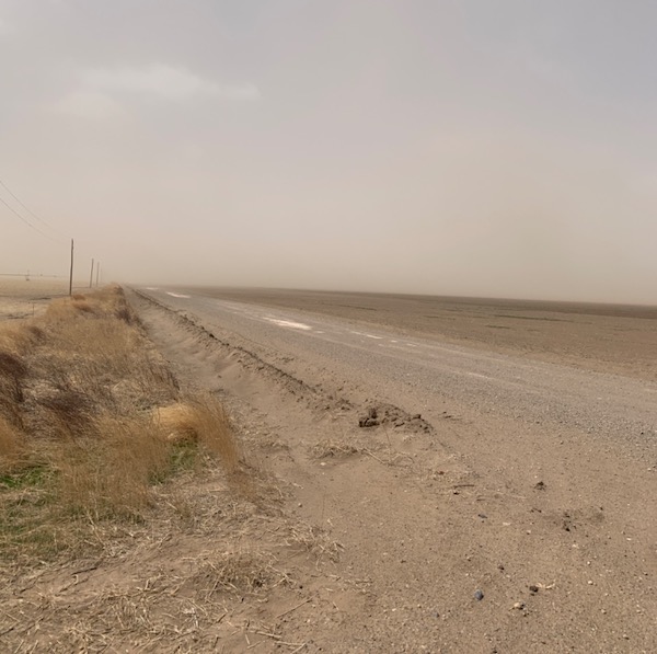 Photo of a dust storm coming from the west near Baca County, Colorado and Morton County, Kansas. Western Kansas has reported issues with dust storms over the last couple of months, which causes air quality issues.
