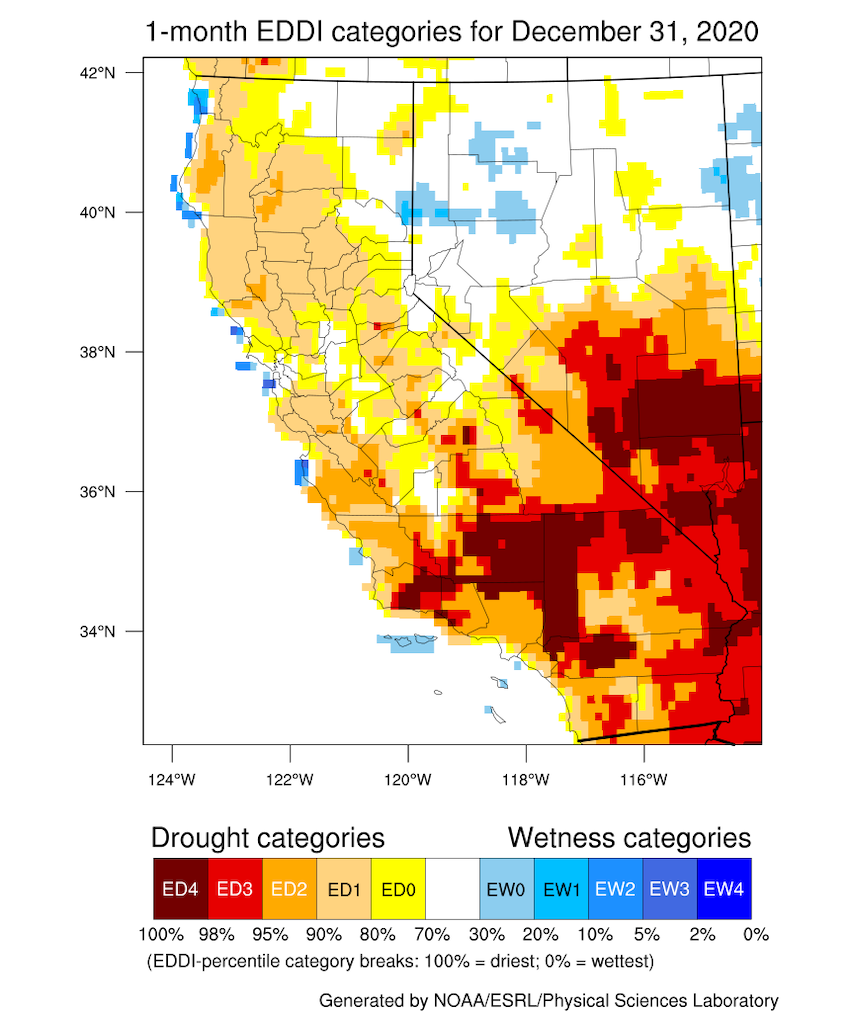 1-Month Evaporative Demand Drought Index (EDDI) from NOAA/ESRL and the Great Basin Dashboard. Valid December 17, 2020, and shows ED4 drought conditions in southeastern California and Nevada.