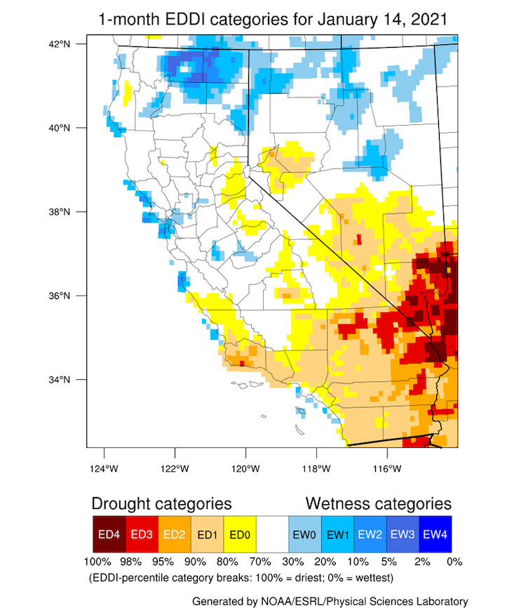 A map of California-Nevada showing the Evaporative Demand Drought Index (EDDI) at a 1-month time scale as of 01/14/2021. County lines are shown and a colorbar scale ranges from ED4 (red, 100% drought) to EW4 (blue, 0%). At 1-month, EDDI show values of ED0-ED4 in southern CA-NV and EW1-EW3 near northeast CA.