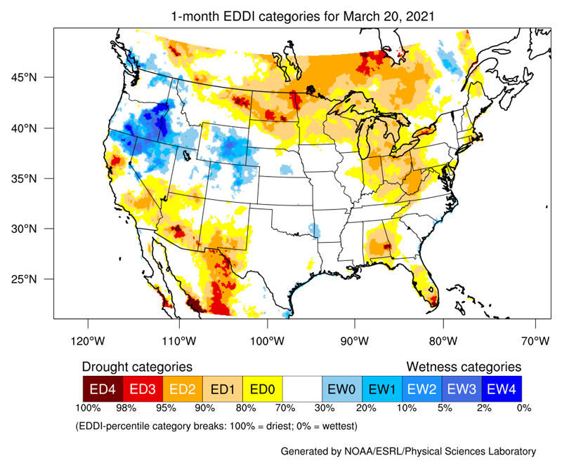 Map of the U.S. showing the 4-week averaged Evaporative Demand Drought Index (EDDI) as of March 20, 2021.  Areas of average to low EDDI cover most the northwest, including northern California. This area extends to northern Nevada, northern Utah Wyoming, and northern Colorado. Areas of high EDDI cover southern California, Arizona, and New Mexico and also the Great Lakes region.