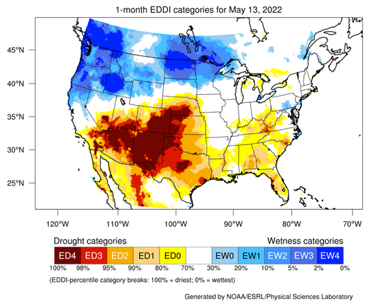 1-month averaged Evaporative Demand Drought Index (EDDI) for the continental U.S., a measure of evaporative demand, or the "thirst of the atmosphere."