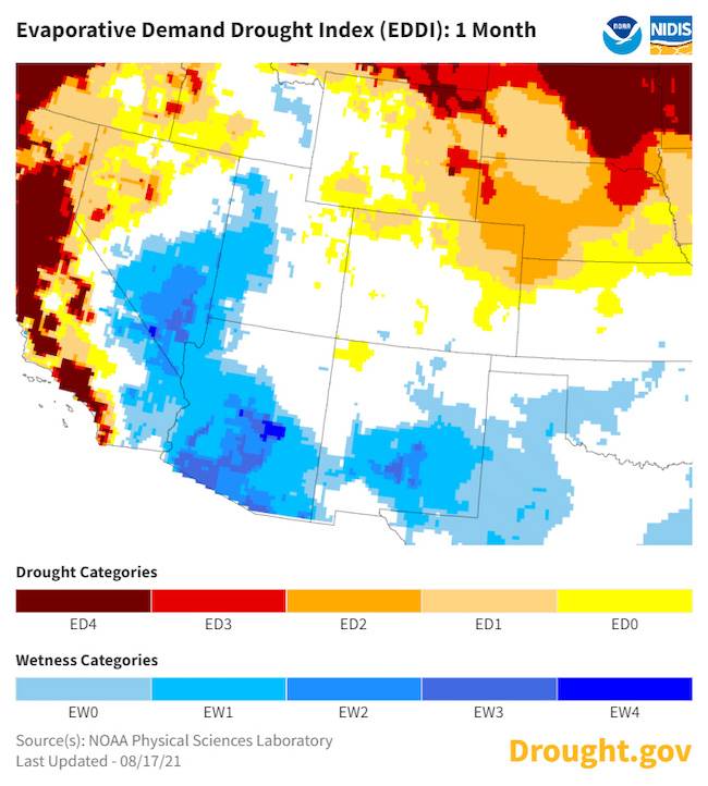 Map of the western US showing the 4-week averaged Evaporative Demand Drought Index (EDDI) as of August 17, 2021.  Areas of average to low EDDI are shown in white and blue and cover most of the southwest for the past 4 weeks.