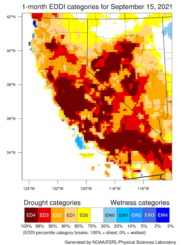 A California Nevada map of current Evaporative Demand Drought Index (EDDI) from September 15, 2021 over the last 3 weeks. Much of California is showing the driest EDDI percentile category throughout the state. 