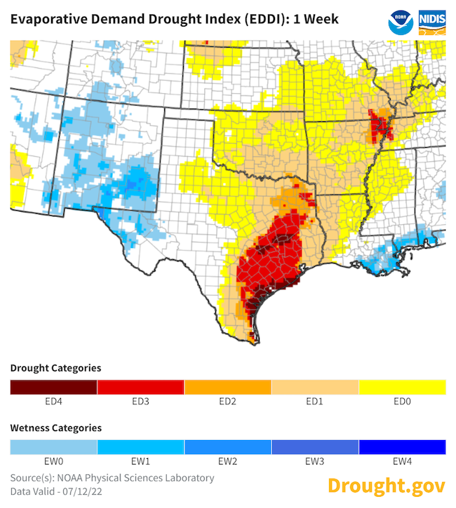 Over the week leading up to July 12, most of eastern Texas is experiencing ED3, or extreme evaporative demand.