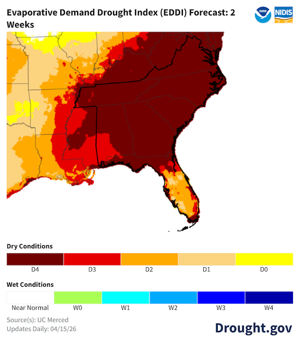 Well-above-normal evaporative demand is forecast for the Southeast for the next two-week period. 