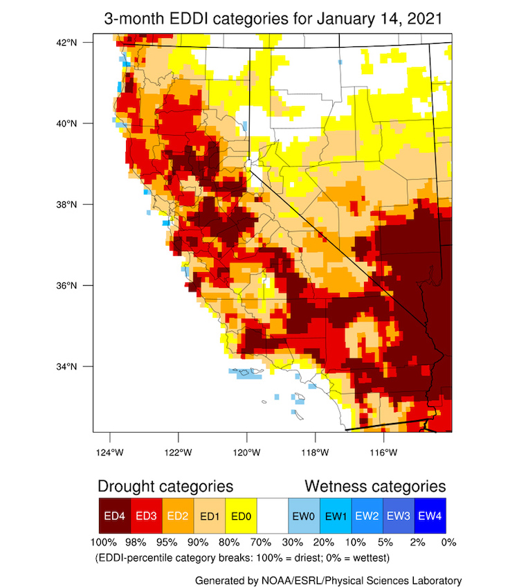 A map of California-Nevada showing the Evaporative Demand Drought Index (EDDI) at a 3-month time scale as of 01/14/2021. County lines are shown and a colorbar scale ranges from ED4 (red, 100% drought) to EW4 (blue, 0%).   At 3 months, the EDDI shows values of ED0-ED4 across most of CA-NV except for northernmost NV and near the northern CA-NV border.