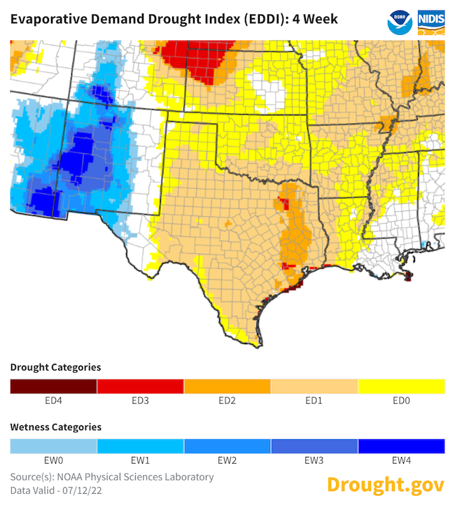 Over the 4 weeks leading up to July 12, most of Texas is experiencing ED1 level, or persistent moderate increase in evaporative demand. Some locations in eastern Texas are experiencing ED3, or extreme evaporative demand.