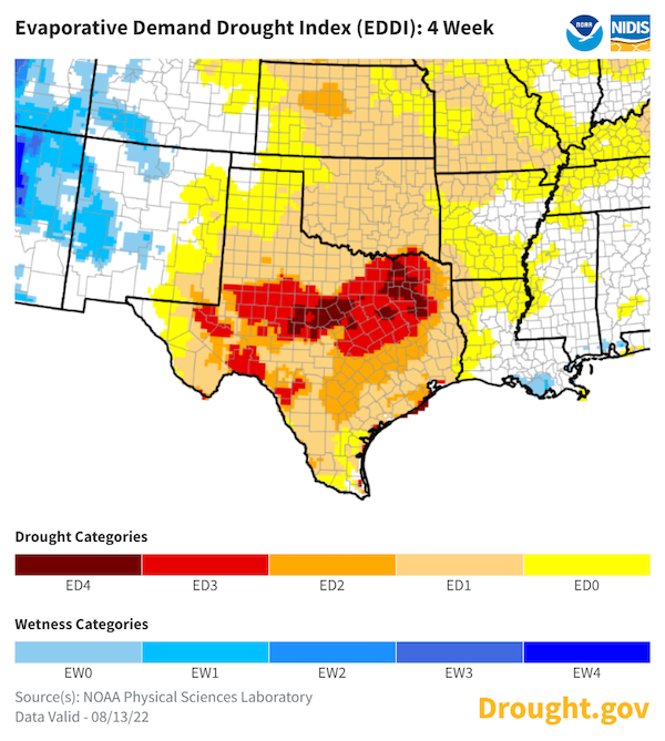 Map of the Southern Plains showing 4-week evaporative Demand Drought Index (EDDI). Most of Texas is experiencing ED1 level, or persistent moderate increase in evaporative demand, with some locations in eastern Texas experiencing ED3 or extreme evaporative demand.