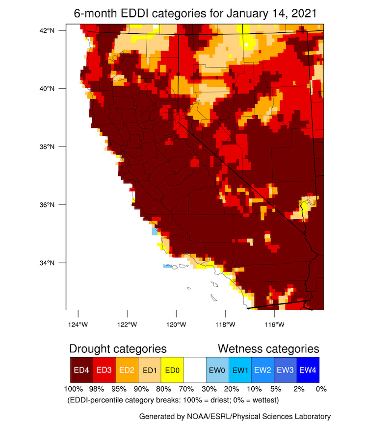 A map of California-Nevada showing the Evaporative Demand Drought Index (EDDI) at a 6-month time scale as of 01/14/2021. County lines are shown and a colorbar scale ranges from ED4 (red, 100% drought) to EW4 (blue, 0%). At 6 months, the EDDI shows values of ED0-ED4 across all of CA-NV with ED4 conditions predominant.