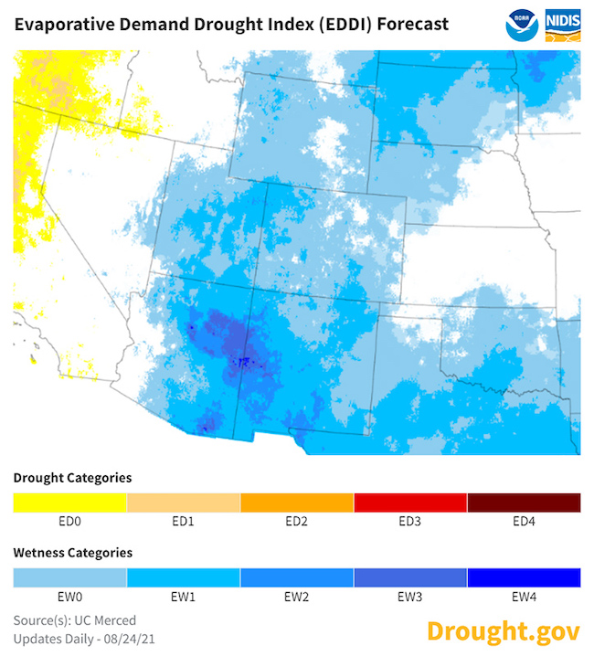 Map of the western US showing the forecast Evaporative Demand Drought Index (EDDI) for the next 4 weeks. Areas of average to low EDDI are shown in white and blue and cover most of the southwest for the past 4 weeks and most of the Intermountain west for the next 4 weeks.