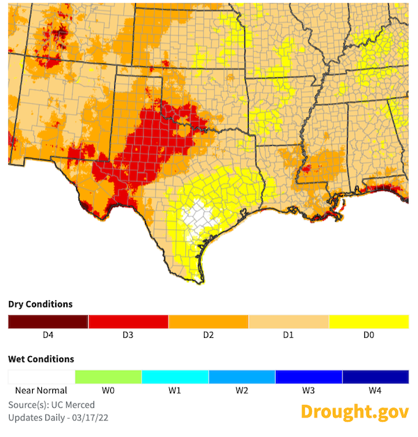Central Texas and southern Oklahoma can expect increased evaporative demand over the 4 weeks following March 17.