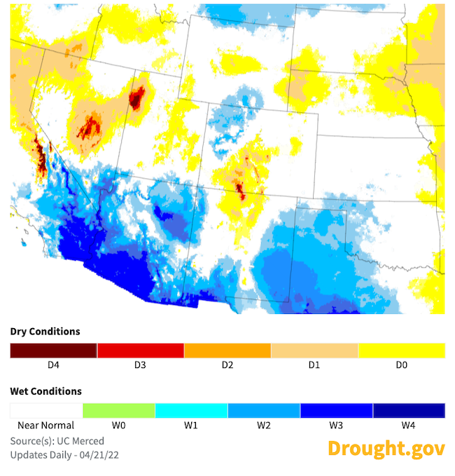 Map of the western U.S. showing the 4-week forecast Evaporative Demand Drought Index (EDDI).  Generally expect increased evaporative demand for Utah over and decreased demand for southern Arizona for the 4 weeks following April 21. 