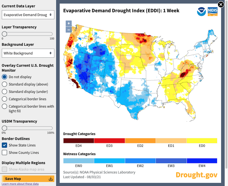 Example interactive map features for the Evaporative Demand Drought Index (EDDI) map on Drought.gov.