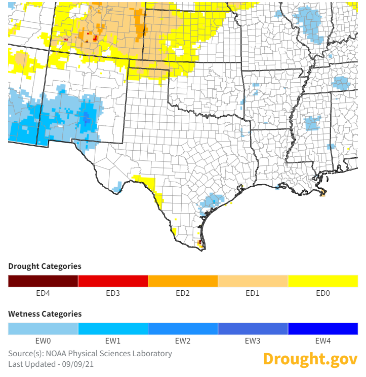 4-week averaged Evaporative Demand Drought Index (EDDI) as of September 9, 2021.  Eastern Kansas, and the Oklahoma and Texas panhandles saw exceptionally high evaporative demand for the week ending September 9.