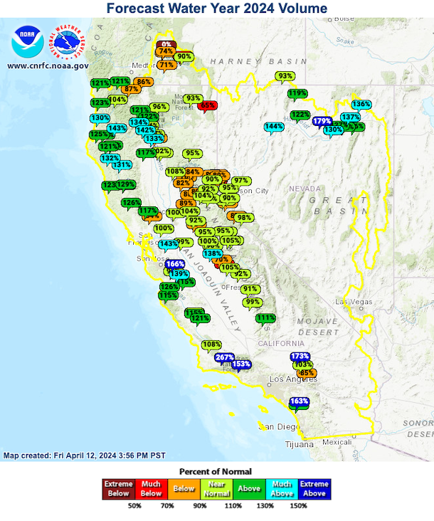  A map of the streamflow location showing the forecasted water year total volumes. The Sierra locations are forecasted to be above normal after the snow melt. 