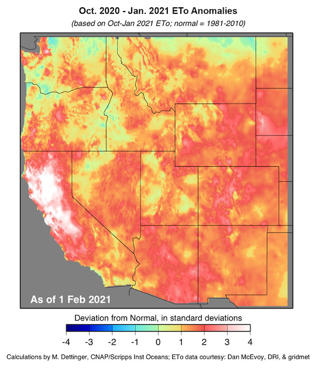 October 2020 to February 1, 2021 evaporative demand (ETo) anomalies map. Much of the western U.S. (especially the southwestern U.S.) is 1-4 standard deviations above normal.