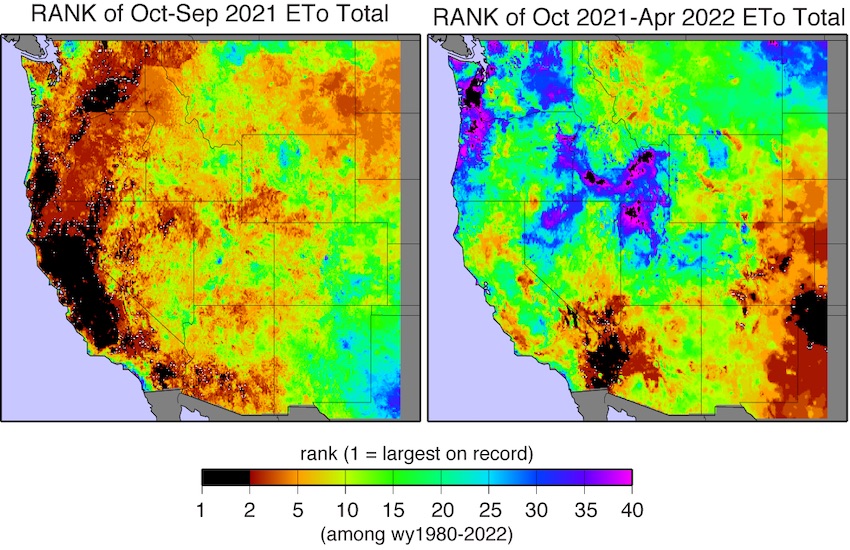 Much of California had record setting evaporative demand in WY 2021 and Western Nevada had 5th or highest evaporative demand during the WY 2021 water year. For Water Year 2022, much of the California and Nevada region are in the middle, ranking around 20. 