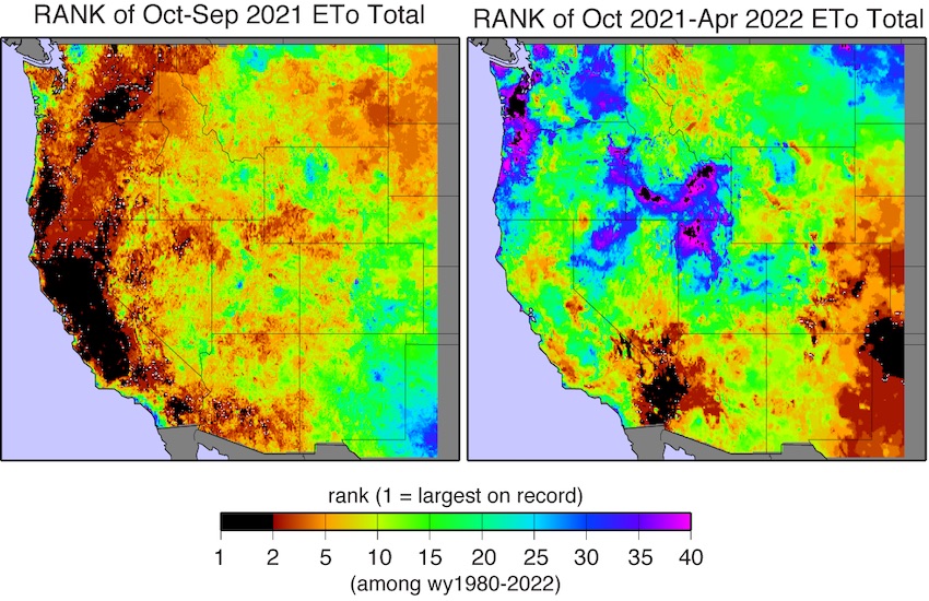 Much of California had record setting evaporative demand in WY 2021 and Western Nevada had 5th or highest evaporative demand during the WY 2021 water year. For Water Year 2022, much of the California and Nevada region are in the middle, ranking around 20.