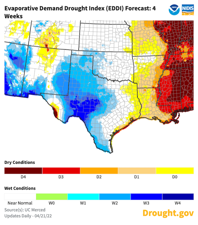 Map of the western US showing the Evaporative Demand Drought Index. Generally expect increased evaporative demand for Northern Texas for the 4 weeks following April 21. 