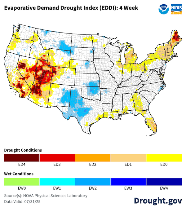 Evaporative demand was high in the Southwest, Western Oregon and Washington, South Florida, and the Northeast. Evaporative demand was low in parts of Texas, Oklahoma, Kansas, Nebraska, Montana, and eastern New Mexico