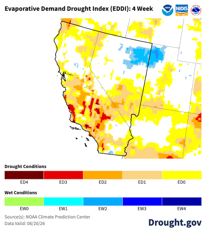 Portions of central California evaporative demand has been in 95-100 percentiles while the region along the California/Nevada border in Lassen, Modoc and Washoe County, in and around Clark County and Imperial Valley evaporative demand is in the 70-95 percentiles. Much of northeastern Nevada percentiles are in the bottom third. 