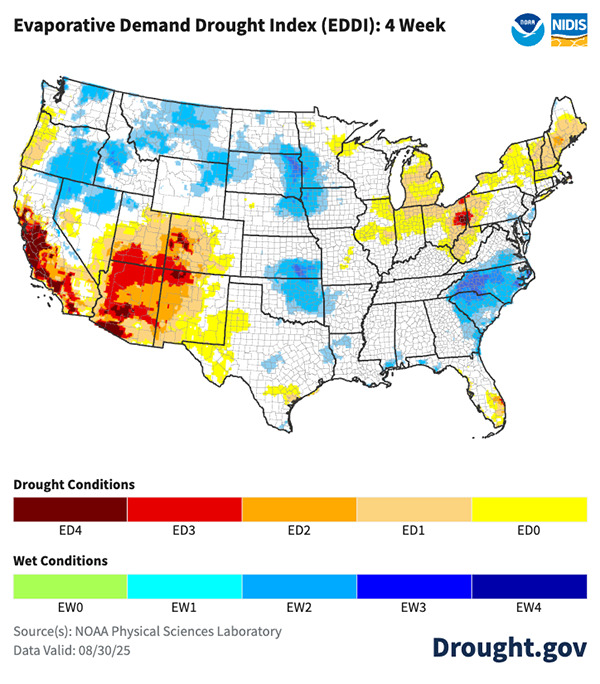  Evaporative demand was high in California, Nevada, the Four Corners states, Western Oregon, South Florida, the eastern Great Lakes states, and the Northeast. Evaporative demand was low in the Northern Rockies and Great Plains and the Carolinas. 
