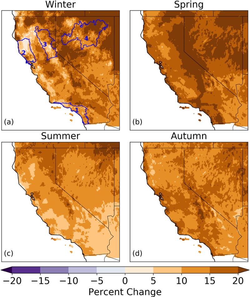 Map of California-Nevada region showing 13%-18% increases in evaporative demand across all four seasons by the end of the century