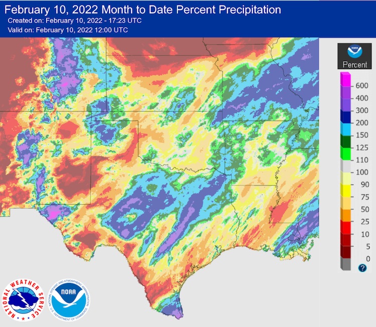  map of Kansas, Oklahoma and Texas showing percent of normal precipitation for the month-to-date as of February 10, 2022. Only central Texas and far southern coastal Texas have seen above-normal precipitation.