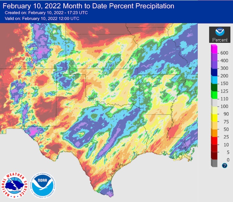 map of Kansas, Oklahoma and Texas showing percent of normal precipitation for the month-to-date as of February 10, 2022. Only central Texas and far southern coastal Texas have seen above-normal precipitation.