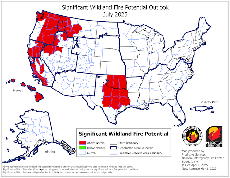 Significant wildland fire potential outlooks show above-normal potential in June in parts of the southwest (Arizona, New Mexico, and California), Hawaii, central Texas and Oklahoma, and the southeastern coast. Areas of above-normal fire potential shift in July due to the monsoon to California, northern Nevada, and the Pacific Northwest.