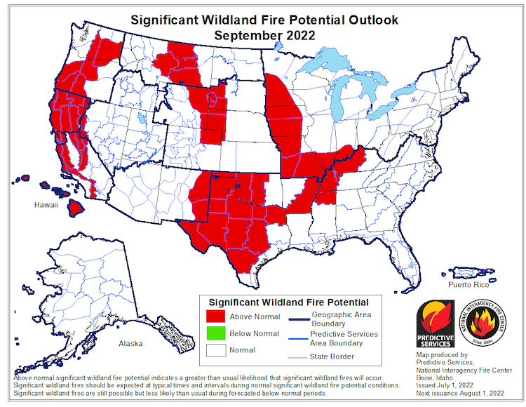 According to the National Interagency Fire Center, parts of Minnesota, Iowas, Missouri, Illinois, and Indiana have significant wildland fire potential in September 2022.