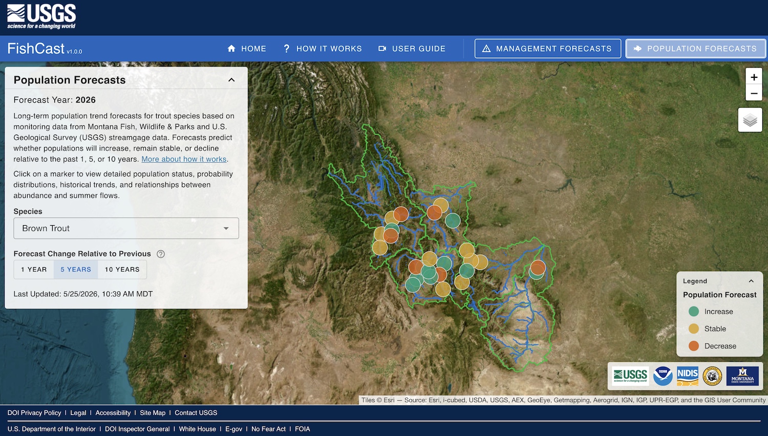 Screenshot of FishCast, showing an interactive map with colored dots representing trout population forecasts across Montana's rivers. Users can select a fish species and a time period to compare the forecast to.