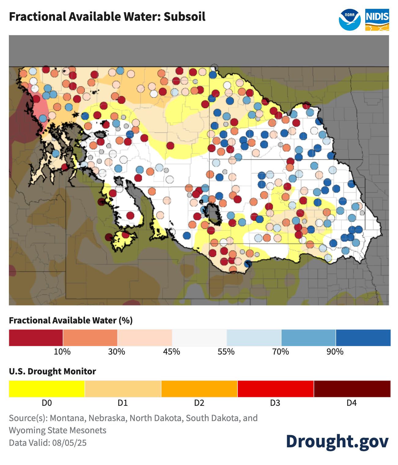 Map showing fractional available water for stations across the UMRB, overlaid on top of the latest U.S. Drought Monitor.