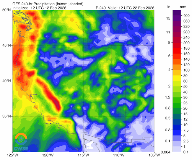 Heavy precipitation is forecast and concentrated along the West Coast, particularly in Northern and Central California and the Sierra Nevada range, with values peaking between 6 and 10 inches (160–240 mm). Higher elevations in Washington and Oregon also show significant totals, while the Intermountain West and Southwest are forecasted for much lighter accumulation, generally under 1.2 inches.