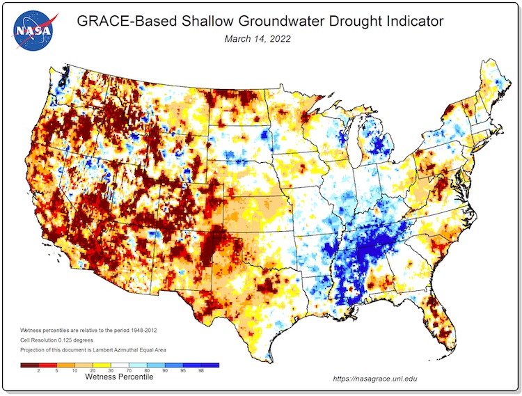 GRACE-Based shallow groundwater drought indicator map of the contiguous U.S. Colorado is experiencing low soil moisture/groundwater.