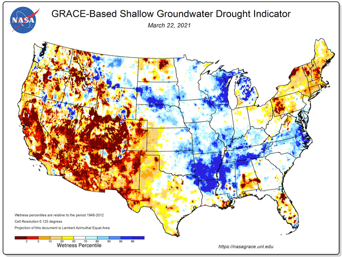 GRACE-Based shallow groundwater drought indicator map of the contiguous U.S. The majority of Utah is experiencing groundwater levels below the 5 percentile (relative to the period 1948-2012).