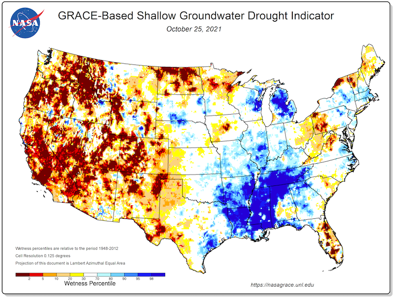 NASA GRACE-based shallow groundwater drought indicator map for the contiguous U.S. Shows dry conditions across the western U.S. Valid October 25, 2021.