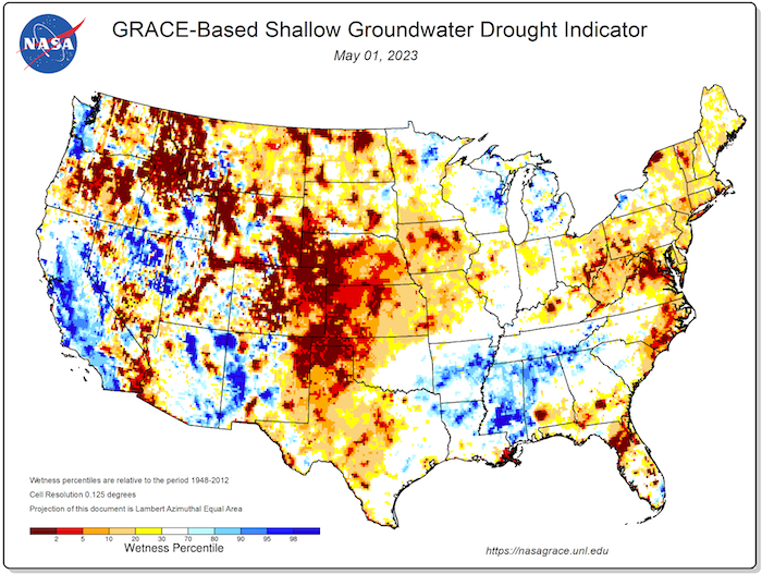 A map of the U.S. shows the NASA GRACE-Based shallow groundwater drought indicator from May 1, 2023. Across the West, low wetness (<30%) percentiles are found in every western state.