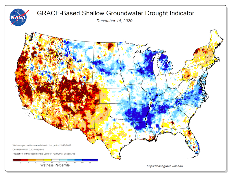 NASA GRACE-based shallow groundwater drought indicator map for the contiguous U.S. Shows dry conditions across the western U.S., including California and Nevada. Valid December 14, 2020.