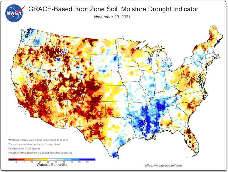  Root-zone soil moisture drought indicator from the NASA-GRACE satellite, showing wetness percentiles relative to the period 1948–2012. There are only a few pockets of below-normal soil moisture in the Upper Midwest around western Lake Superior, central Iowa, southern Wisconsin, and western Michigan.