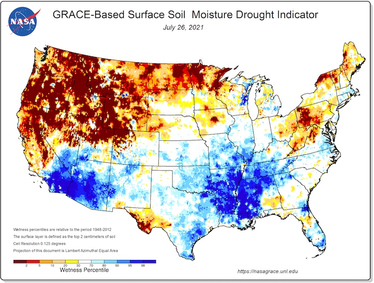 Map of contiguous U.S. showing soil moisture wetness percentiles relative to the period from 1948-2012. Most of Oregon and Idaho are in the 5th percentile or below with Washington falling mostly in the 10th percentile or below. 