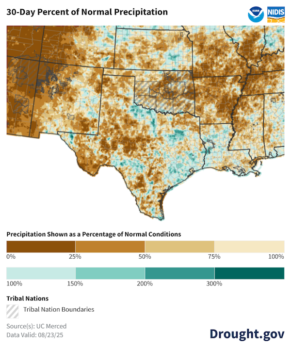  From mid July to mid August, precipitation was below normal across most of the Southern Plains region, with areas of below-normal precipitation including most of the Rio Grande especially the Lower Rio Grande Valley, east-central Oklahoma, and most of Arkansas and along the Kansas-Nebraska state line.