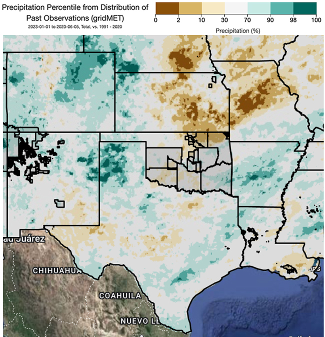 Map of the Southern Plains showing Year to date precipitation percentiles. Despite the dry start to the year, May rainfall was enough that the Oklahoma and Texas panhandle regions show above the 90th percentile precipitation for the year. 