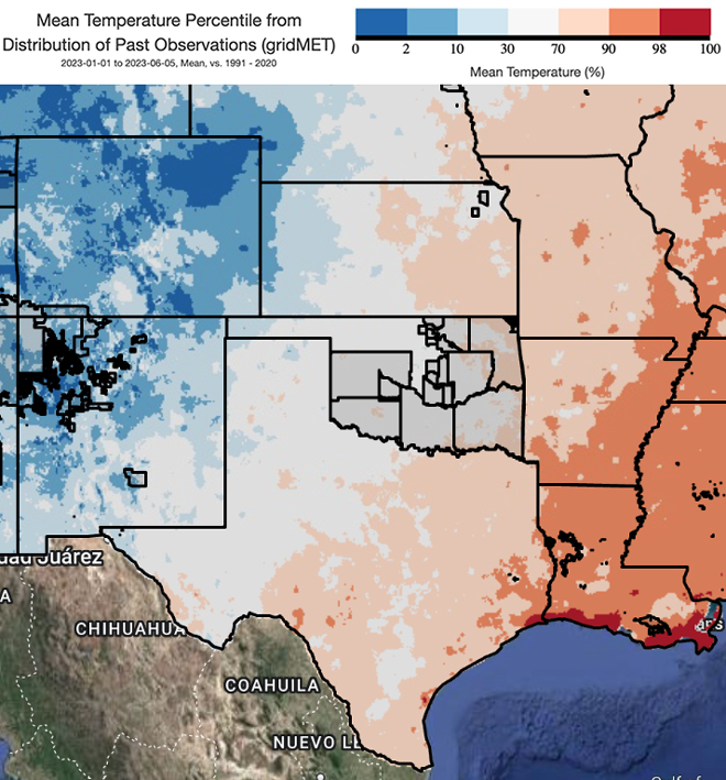 Map of the Southern Plains showing year to date mean temperature percentiles. Most of the region has had near-average temperatures over the year so far, the gulf coast being the primary exception. 
